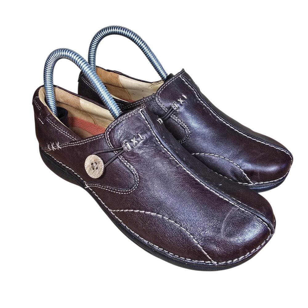 Clarks Shoes Women’s 6.5 Unstructured UnLoop Brown Leather Clog Style Cushioned